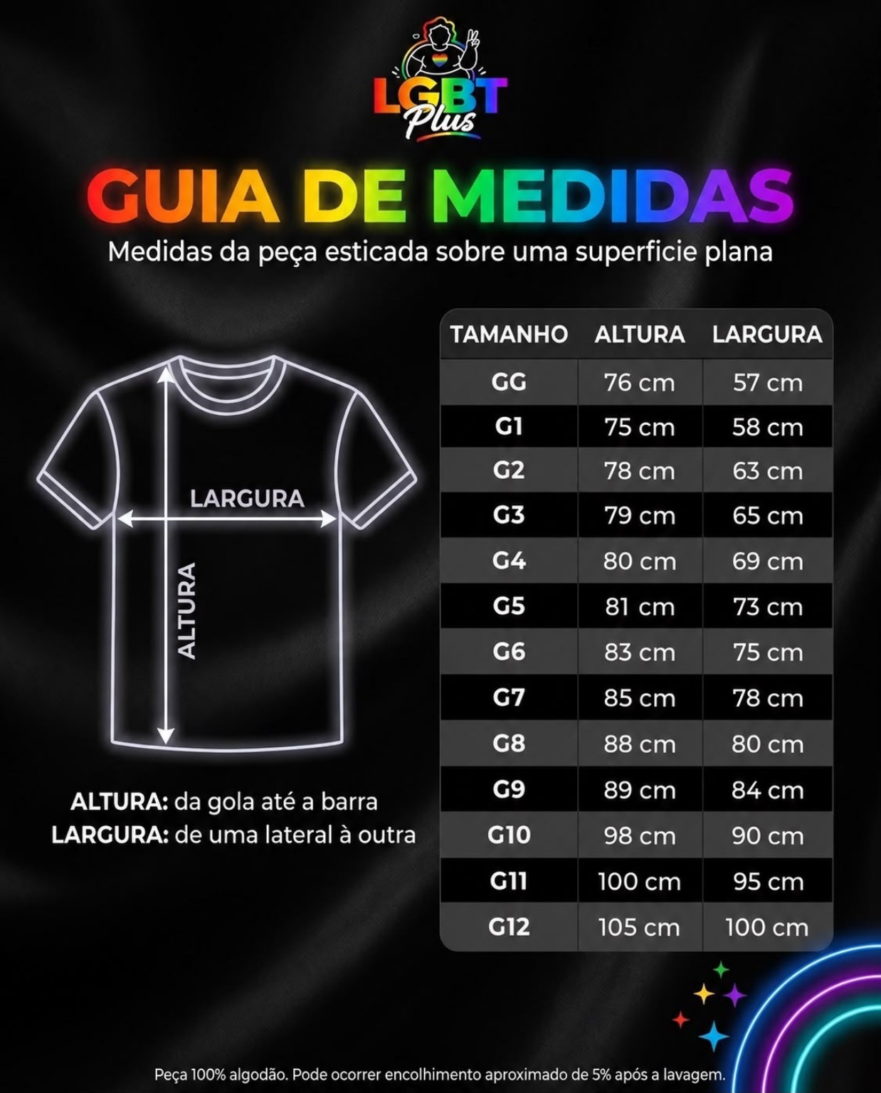 Tabela de medidas das camisetas LGBT Plus, com tamanhos do GG ao G12